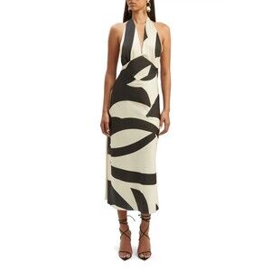 Bardot Dress Womens 4 White Black Satin Halter Maxi Backless Evening Gown